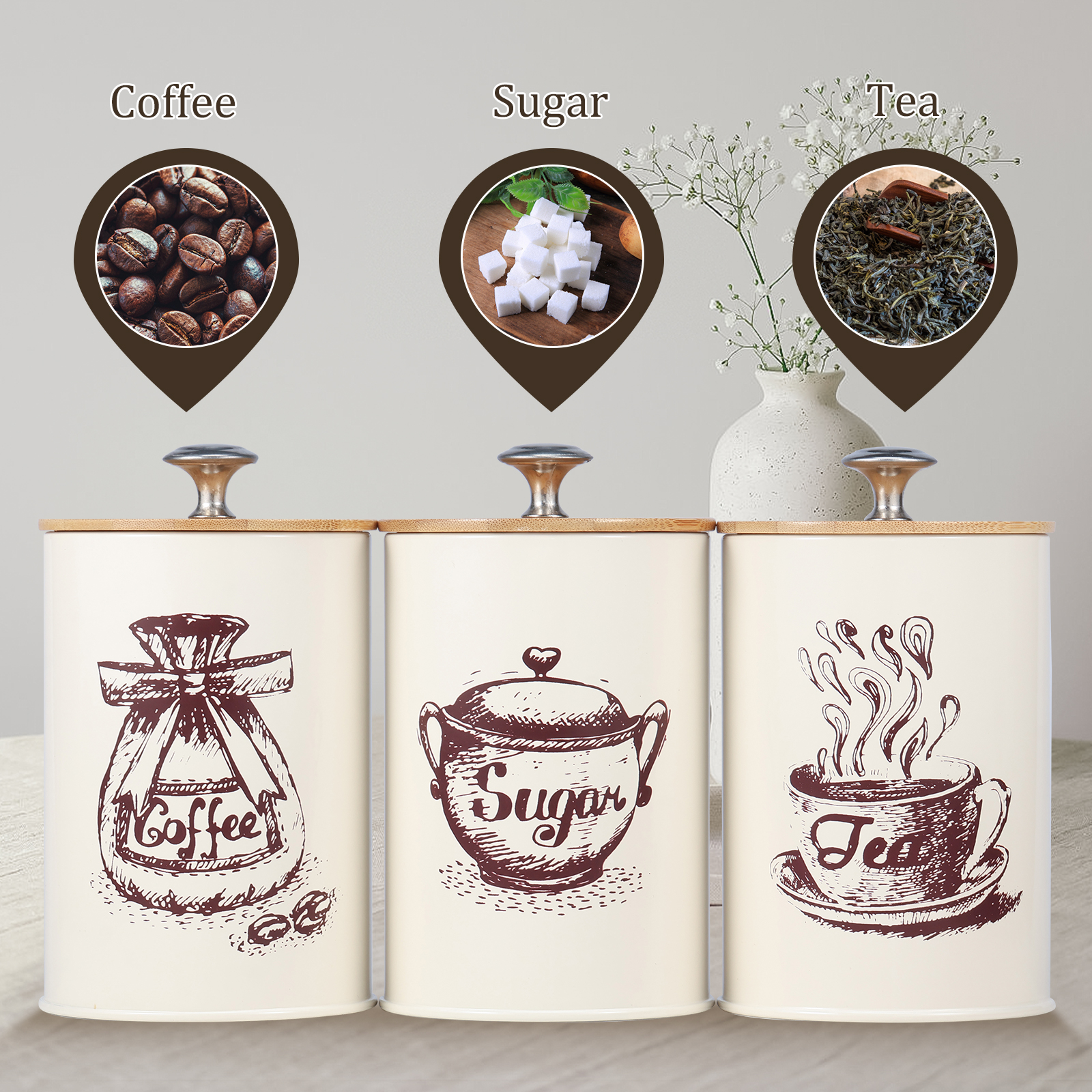 Coffee Tea And Sugar Canister Set - 3Pcs Kitchen Storage Box Metal Tea