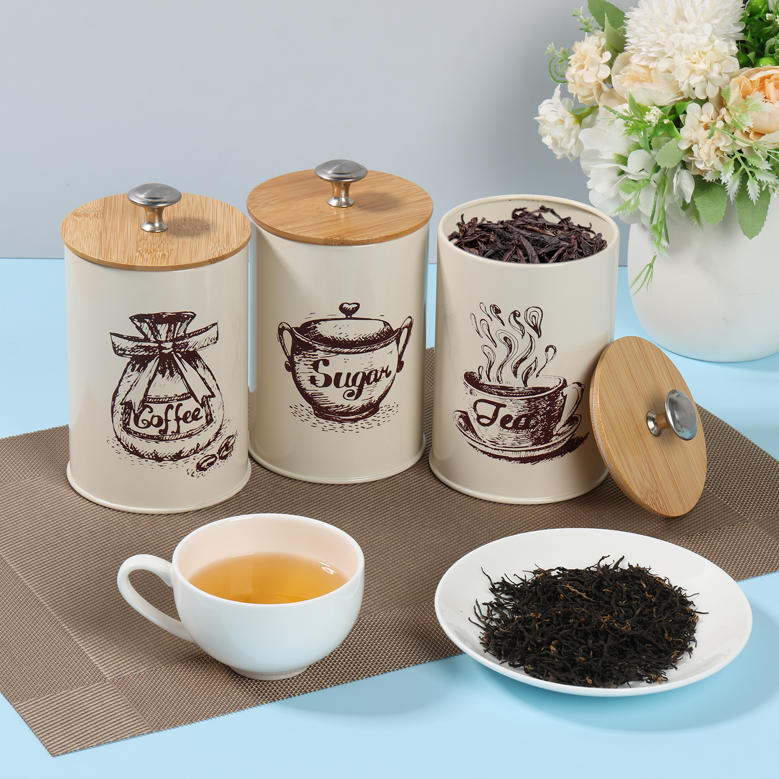 3Pcs Kitchen Storage Box Metal - Coffee Tea And Sugar Canister Set review and price