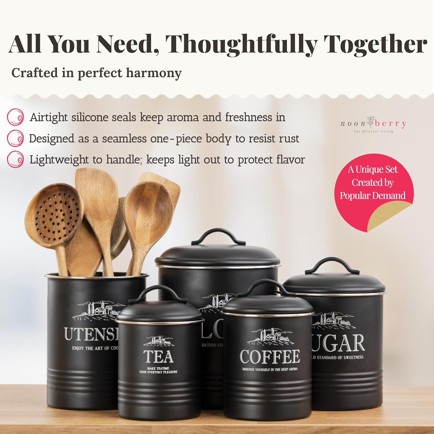 5-Piece Airtight Kitchen Canis - Coffee Tea And Sugar Canister Set review and price